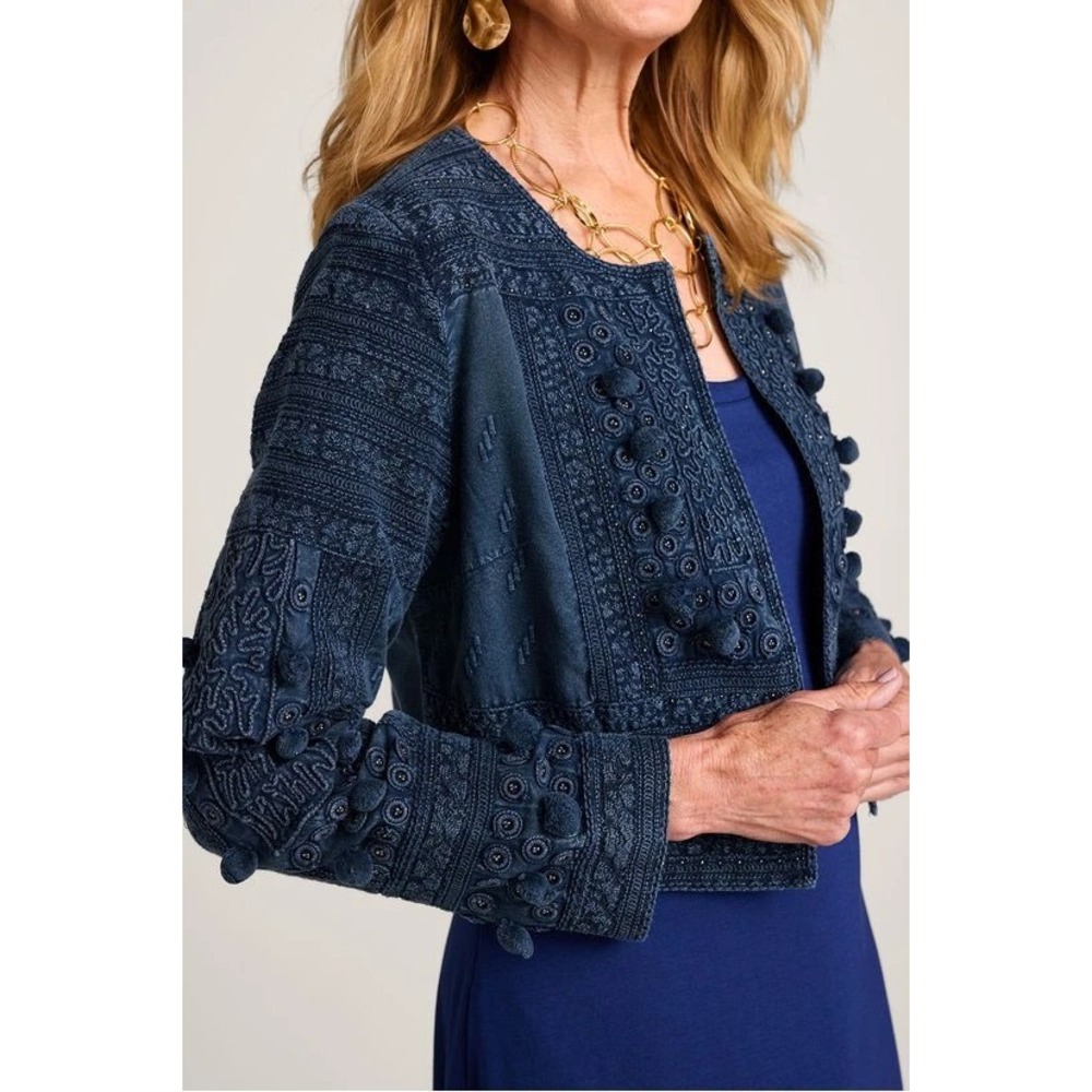 Soft Surroundings Theodora Bolero Indigo Cotton Jacket PomPom Boho Size M